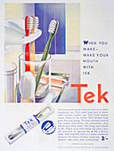 Advert for Tek toothbrushes, by Johnson and Johnson, 1931