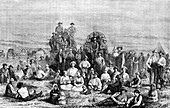 An encampment of Mormon converts in the desert, c1846