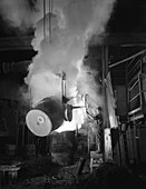 Teeming molten iron at Edgar Allen's steel foundry, 1964