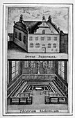 Exterior of building and anatomical theatre inside, c1662