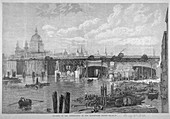 Construction work on Blackfriars Bridge, London, 1868