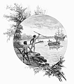 Natives opposing Captain Cook's landing, Australia, 1770
