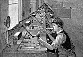 Soldering bicycle parts in an American factory, c1900