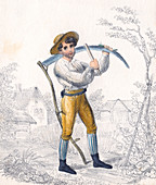 Reaper sharpening his scythe with a whetstone, 19th century