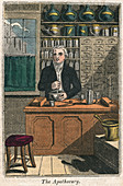 Apothecary using pestle and mortar to prepare drugs, 1823