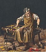Cobbler mending boots, 1867.