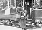 A tram conductor in her winter uniform, 1915