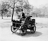 Roger Wallace in his electric car, 1899