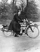 A woman on a Douglas motorbike, 1914