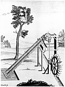Twin Archimedean screws used to raise water, engraving, 1719