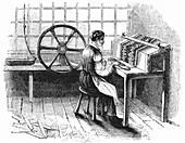 Man operating machine punching cards for Jacquard looms