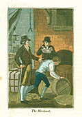 Merchant and his clerk checking goods at a warehouse