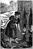 Young girl tending the fire holes of a brick kiln, 1871