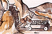 Miner pushing a trolley from a mine entrance, 1508