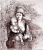 Wet nurse breastfeeding a baby, 19th century