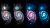 Whirlpool galaxy, visible light and infrared views