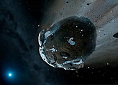 Watery asteroid in white dwarf star system, illustration