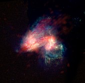 Arp 299 colliding galaxies, composite radio-optical image