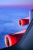 Boeing 747 engines at sunset.