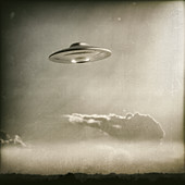 Vintage UFO in the sky, illustration