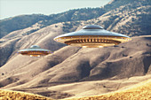 UFOs over hills, illustration