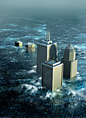 Highrise buildings sinking in flood water, illustration
