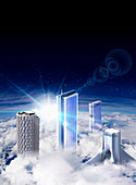 Skyscrapers rising above clouds, illustration