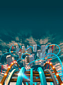 Roller coaster over city, illustration