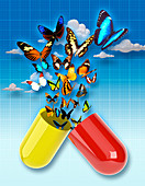 Butterflies emerging from capsule, illustration