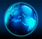Blue globe focused on the Middle East, illustration