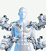 Robotic arms with tools around human body, illustration
