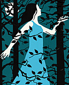 Woman lost in night woods, illustration