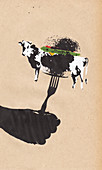 Cow on fork in the middle of burger bun, illustration