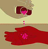Person pouring pills into hand, illustration