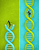 People climbing strands of DNA, illustration