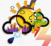 Collage of weather icons and symbols, illustration