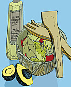 Salad, avocado and vinegar bottle, illustration