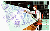 Architect drawing at desk, illustration