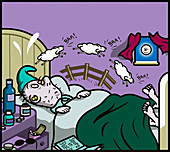 Insomniac man in bed counting sheep, illustration