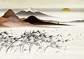 Asian landscape with mountain in background, illustration