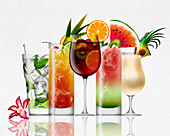 Row of different tropical cocktails, illustration