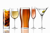 Range of different alcoholic drinks in a row, illustration