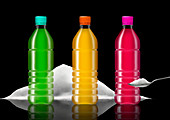 Soft drink bottles and pile of sugar, illustration