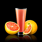 Fresh grapefruit and glass of grapefruit juice, illustration