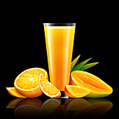 Fresh mango and orange and glass of juice, illustration