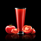 Fresh tomatoes and glass of tomato juice, illustration