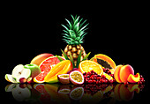 Range of fresh fruit, whole, halved and slices, illustration