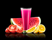 Glass of watermelon, tomato and lemon smoothie, illustration