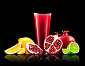 Glass of pomegranate, lemon and lime smoothie, illustration