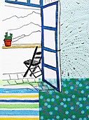 View of mountains through doorway of balcony, illustration